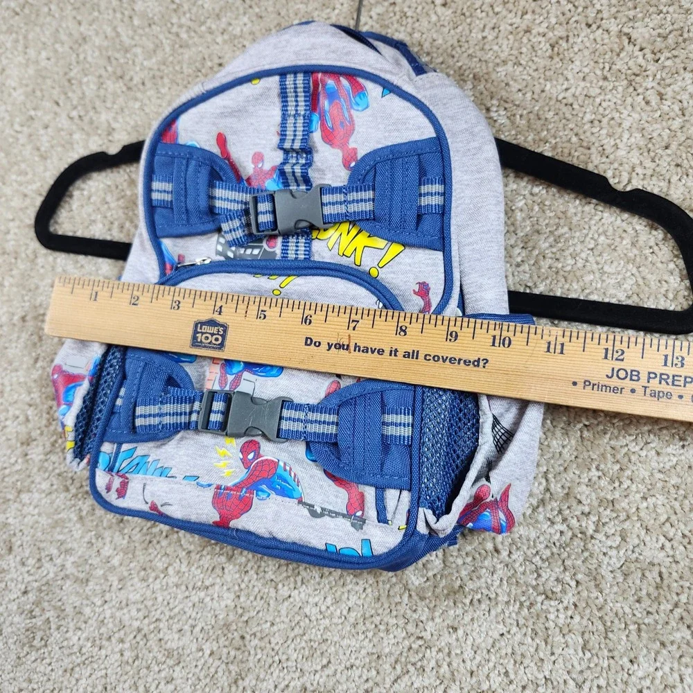 Pottery Barn Kids Backpack Spider-Man Comic Print Gray Blue Buckle Straps Small
